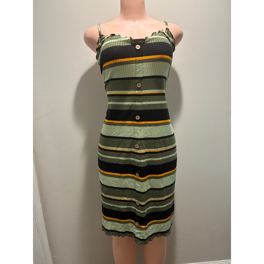 Derek Heart Midi Dress Womens 3X Green Striped Excellent Ribbed Lettuce Trim